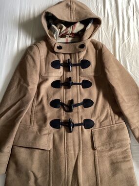 Burberry Camel Hooded Wool Toggle Pea Coat